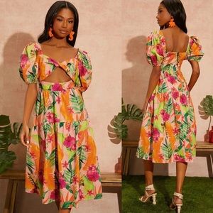 Floral Tropical Print Cutout Dress